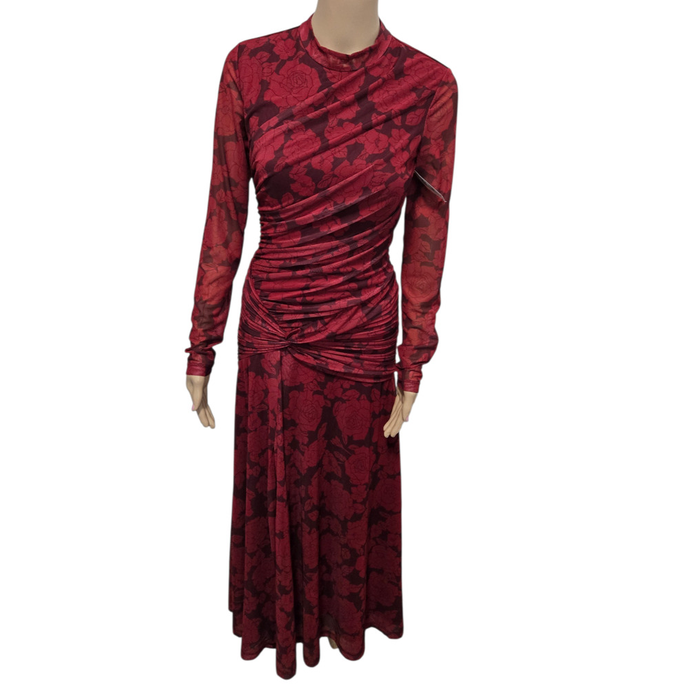 WAYF medium red floral long sleeve scrunched full coverage dress *has flaws